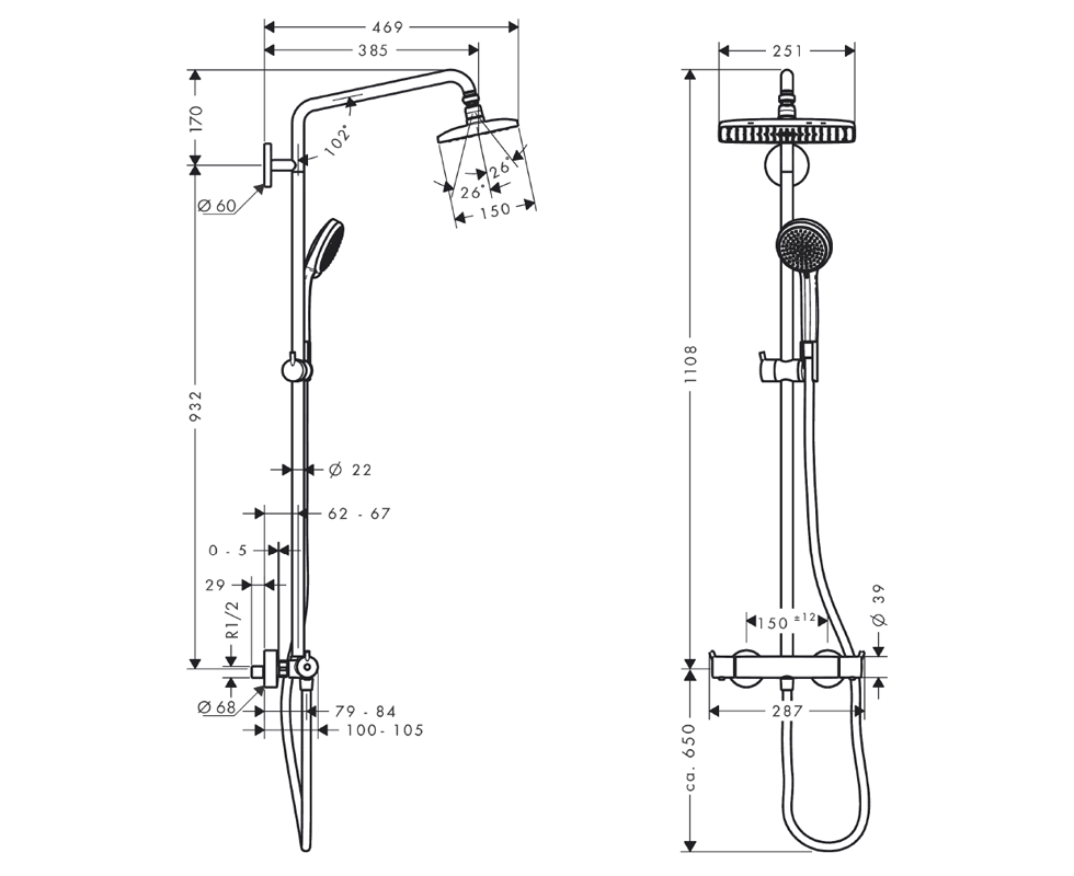 Bản vẽ kỹ thuật sen cây Hansgrohe - 27136000