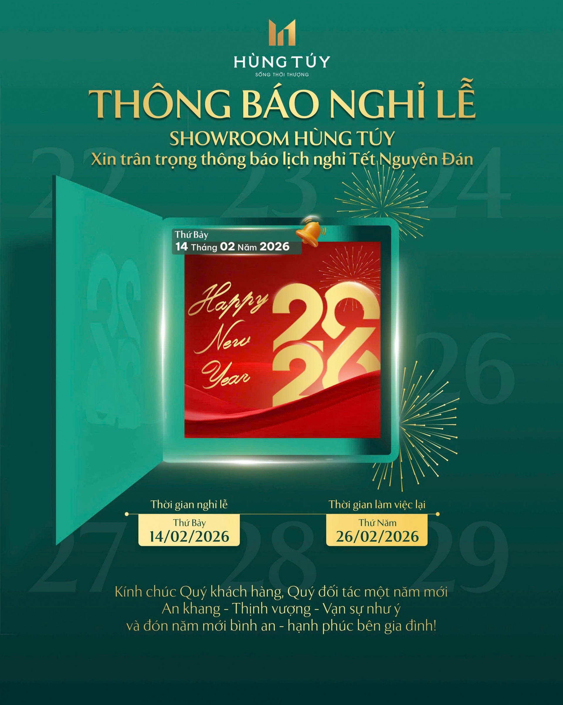 Showroom Hùng Túy thông báo nghỉ Tết Nguyên Đán Bính Ngọ 2026