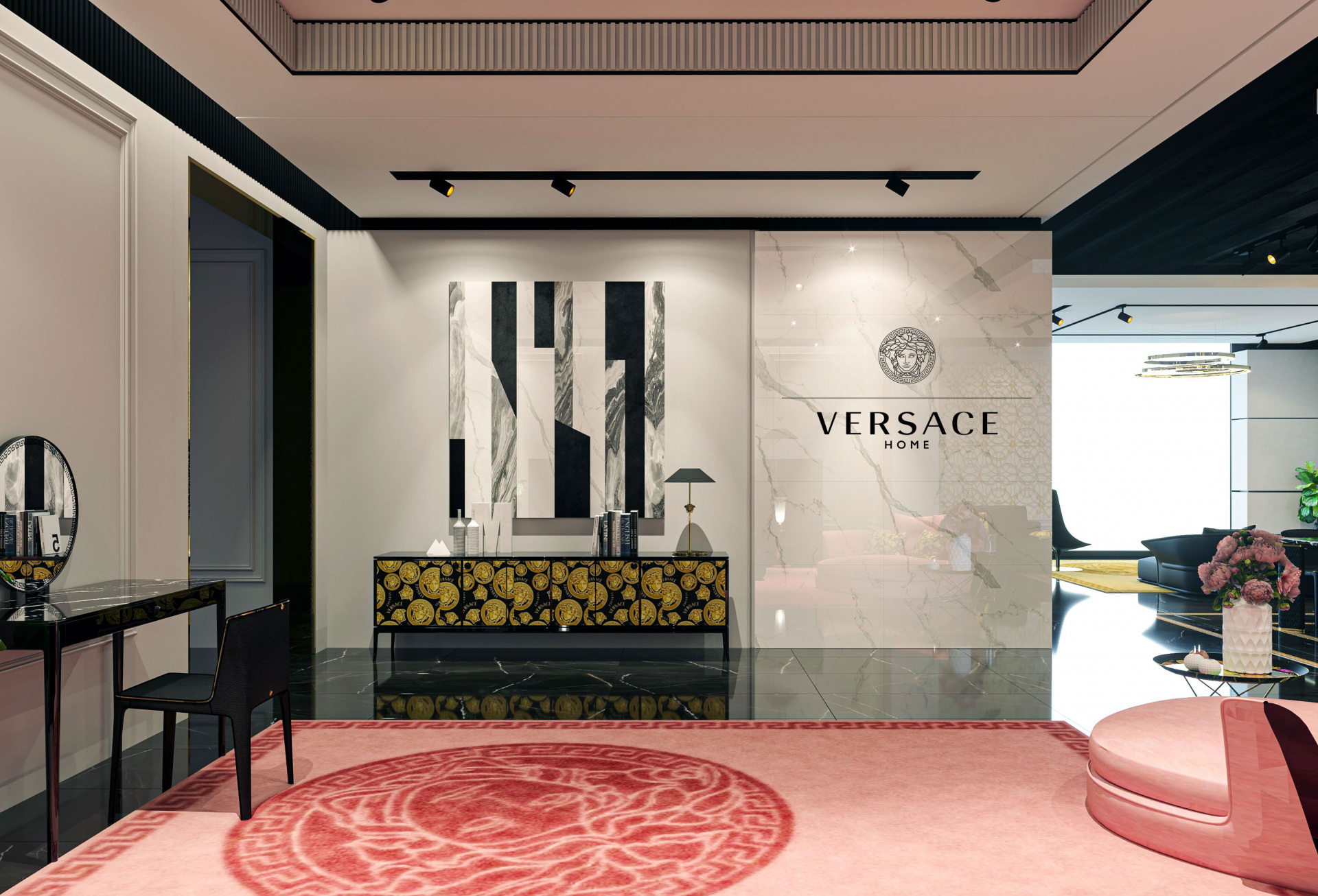 Thảm Versace Home - Greca sử dụng chất liệu lụa tre và len new-zealand, dệt thủ công bằng tay với logo Medusa.