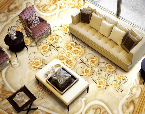 Gạch 3D hoa hồng vàng cho phòng khách thêm sang trọng