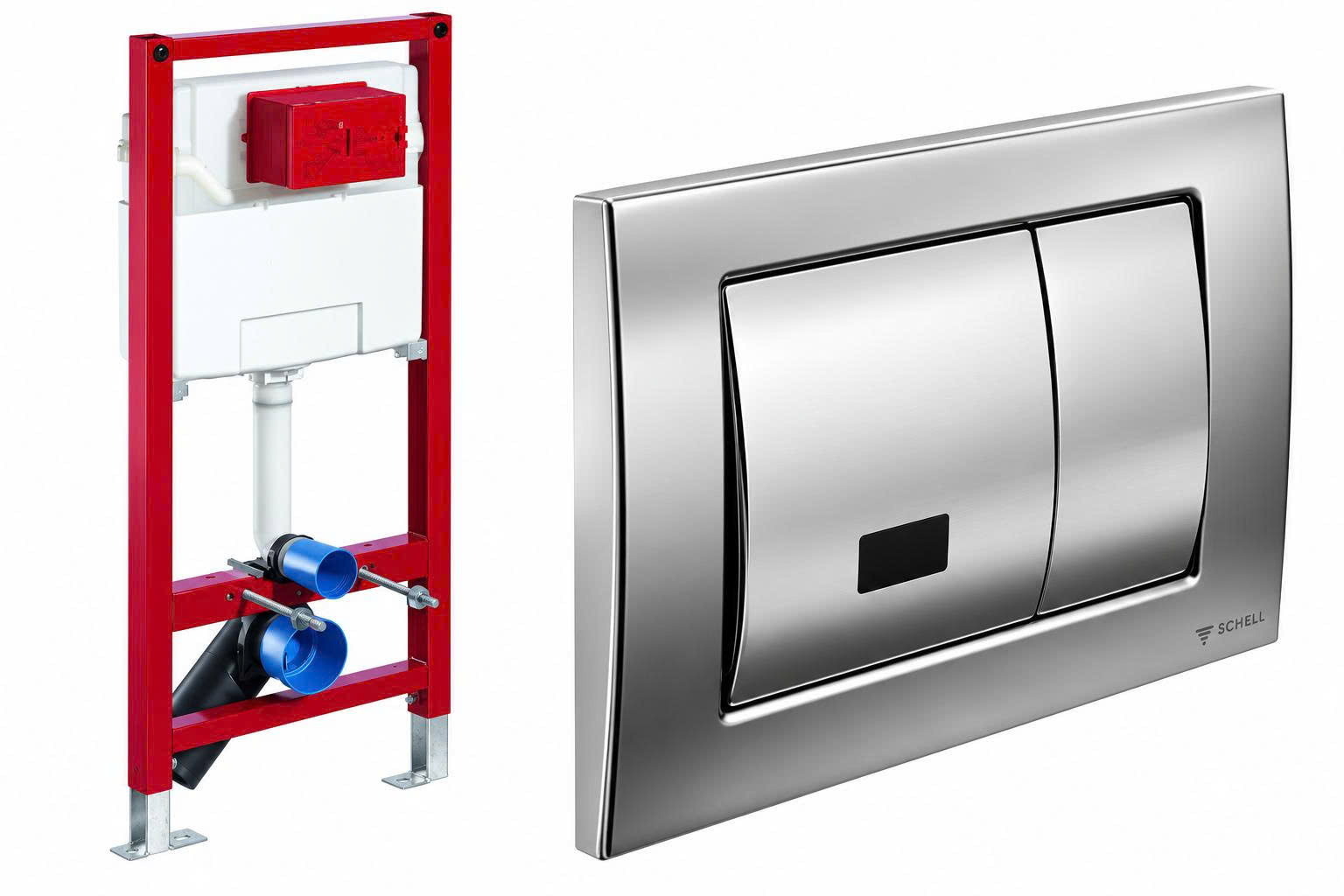 Bộ két nước âm tường, mặt xả cảm ứng hồng ngoại SCHELL - 03 057 00 99 + 03 123 06 99 + phụ kiện 03 127 00 99